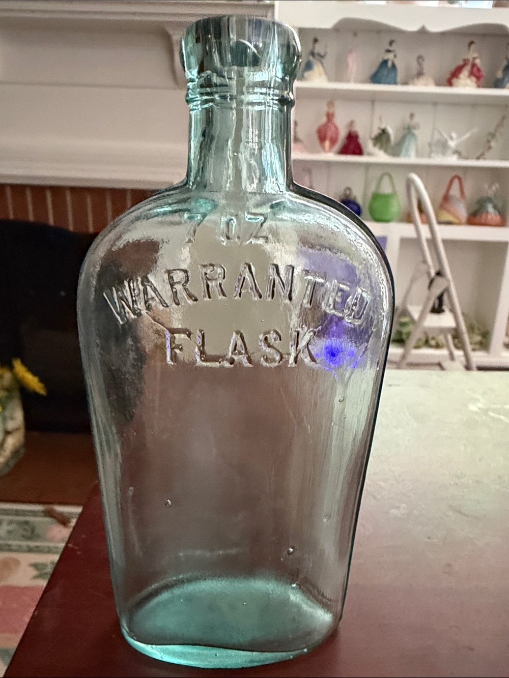 Warranted Flask Embossed Aqua Glass Bottle